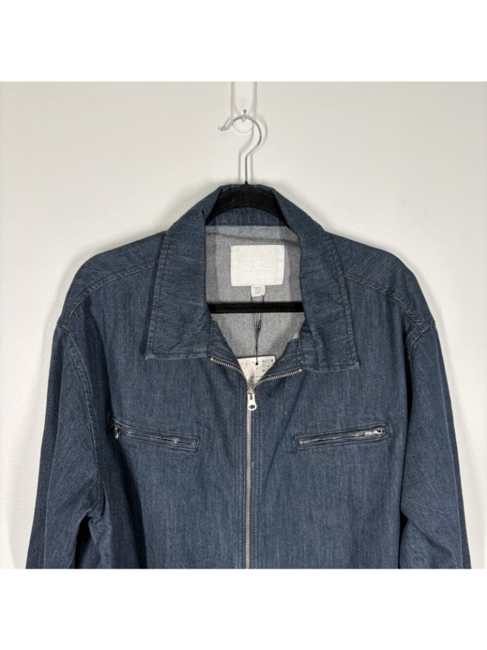 Zara Men Size L Blue Dark Wash Denim Cotton Casual Full Zip Jacket NWT - Picture 5 of 11